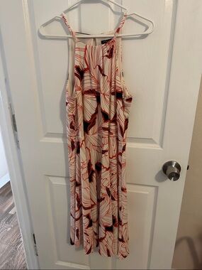 Ann Taylor Cream Maxi Dress with Red and Black Abstract Print